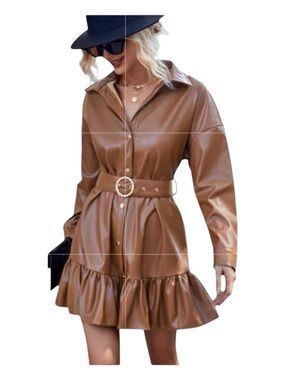 ZARA Vegan Leather Mini Dress, Long Sleeve, Size XS.